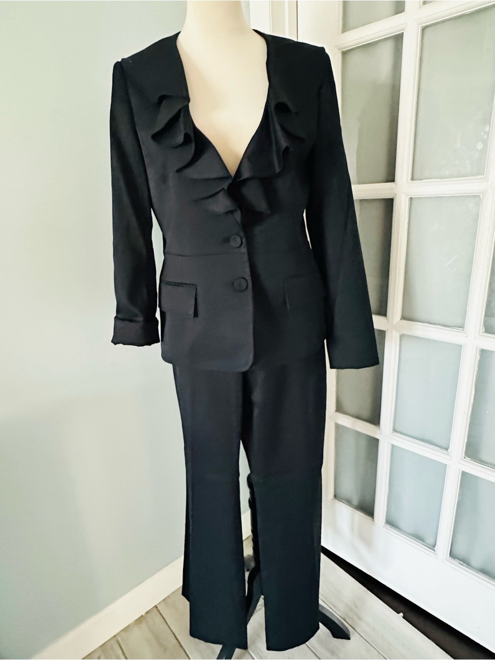 Anne Klein Black Ruffle-Front Pant Suit